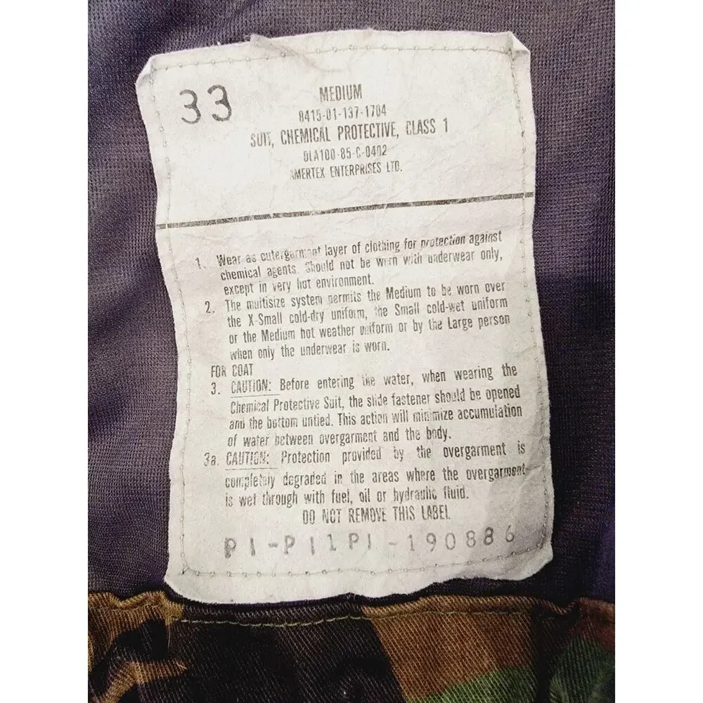 Military Jacket Suit Chemical Protective Class 1 Woodland Camo US Army Size M